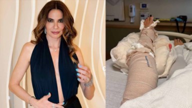 Luciana Gimenez posada; pernas de Luciana Gimenez enfaixadas sobre leito hospitalar 