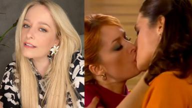 Luciana Vendramini posada para foto; Luciana Vendramini e Giselle Tigre, em Amor e Revolução, dando o primeiro beijo gay das novelas 