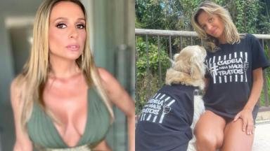 Montagem com fotos da apresentadora Luisa Mell séria usando uma blusa decotada e ao lado de uma cachorro usando uma camiseta escrita "Cadeia para maus tratos" 