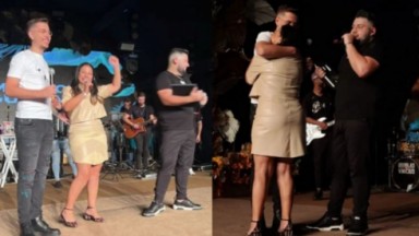 Dona Ruth abraça o filho João Gustavo no primeiro show da dupla formada com Dom Vittor 