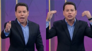 Montagem de duas fotos de Marcão do Povo falando e gesticulando para a câmera, de camisa azul e paletó preto 
