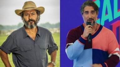 À direita, Marcos Palmeira como José Leôncio no remake de Pantanal; à esquerda, Marcos Mion apresenta o Caldeirão na Globo 