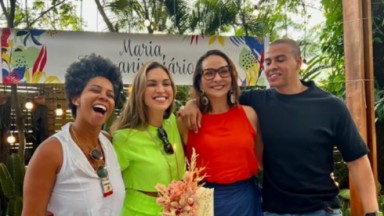 Maria Beltrão e apresentadores do É de Casa 