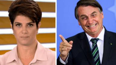Mariana godoy com cara de séria e Bolsonaro apontando com dedo direito 