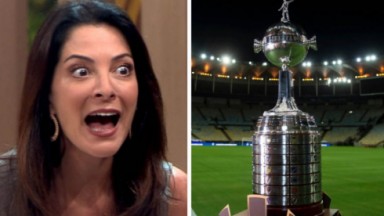 Ana Paula Padrão gritando em foto montagem com a taça da Libertadores 