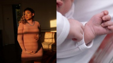Montagem de fotos de MC Loma grávida e de Melanie mostrando a mão e um pouco do rosto 