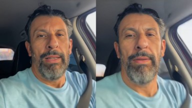Montagem de duas fotos de Milhem Cortaz de camiseta azul, dentro de carro, falando para a câmera 