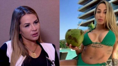 Deolane em entrevista; Bianca segurando um coco verde posada perto de uma piscina 