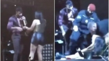 Gusttavo Lima conversando com fã no palco; Mulher  caída no palco sendo socorrida por bombeiros 