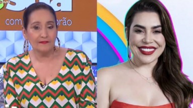 Sonia Abrão séria na bancada do A Tarde é Sua; Naiara Azevedo posada sorridente 