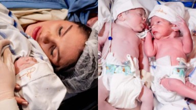 Montagem de fotos de Bárbara Evans com gêmeos em hospital 