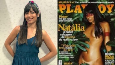 Montagem de fotos de Natália Nara hoje em dia e na capa da Playboy 