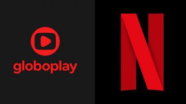 Tela dividida com logotipo do Globoplay e da Netflix 