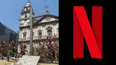 Cruz em frente a Igreja da Candelária; Logo da Netflix 