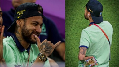 Neymar sentado sorrindo fazendo gesto com a mão; Neymar de costas segurando o celular 