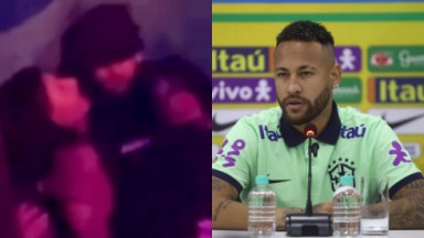 Montagem de fotos de Neymar em balada e em coletiva de imprensa 