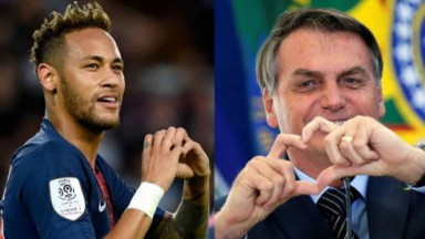 Neymar fazendo coração com as mãos; Jair Bolsonaro fazendo coração com as mãos 