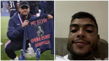 Montagem com a foto de Neymar segurando uma camisa com a foto de MC Kevin e uma foto do funkeiro 