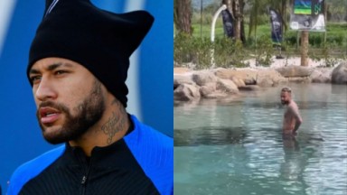 Montagem de fotos de Neymar com expressão séria e em lago 