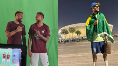 Montagem de Neymar ao lado do sósia e de Eigon com a bandeira do Brasil nas Costas diretamente do Catar 