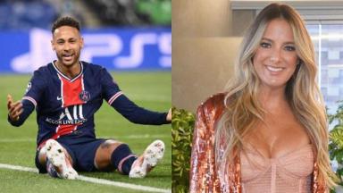 Montagem de foto com Neymar sentado no chão de um campo de futebol e Ticiane sorrindo de pé 