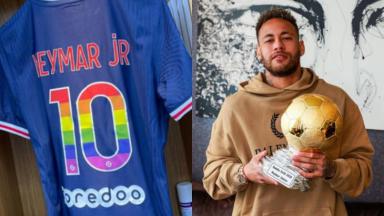Neymar exibe sua Camisa 10 personalizada com o número colorido pelas sete cores do arco-íris 