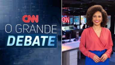 Logotipo do programa O Grande Debate da CNN Brasil em montagem de uma foto com a jornalista Luciana Barreto na redação do canal 