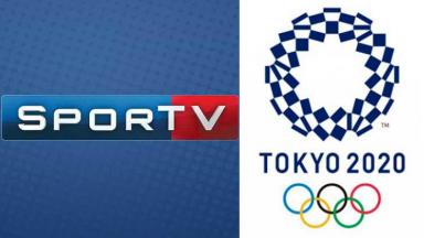 Logotipo SporTV (à esquerda) e logotipo das Olimpíadas de Tokyo (à direita) em foto montagem 