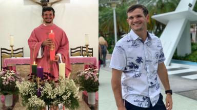 Padre Patrick, de batina, na igreja, e de blusa de botão, ao ar livre 