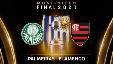 Palmeiras e Flamengo, taça da Libertadores no meio e atrás a bandeira do Uruguai 