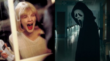 À esquerda, Drew Berrymore em cena de terror do primeiro Pânico; à direita, o Ghostface aparece em trailer do quinto filme 