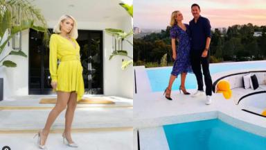 Montagem de Paris Hilton com um vestido amarelo e abraçada ao noivo, o empresário Carter Reum, atrás de uma piscina 