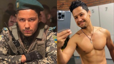 Pasha Lee com uniforme de militar; Pasha Lee fazendo foto no espelho sem camisa segurando o celular 