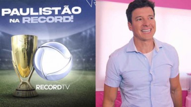 Montagem do NaTelinha com a logo da Record e o apresentador Rodrigo Faro 