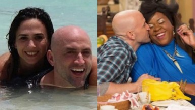 Montagem com fotos de Tatá Werneck sorridente no mar com Paulo Gustavo e Cacau Protásio sorrindo ganhando um beijo na bochecha do humorista 