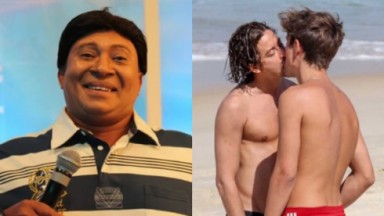 À esquerda, Pedro Manso imitando Faustão; à direita, Jesuíta Barbosa beija namorado na praia 