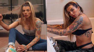 Montagem com fotos de Petra Mattar exibindo os braços tatuados com o cabelo preso e de biquíni preto 