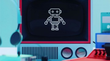 Imagem de divulgação da PlayTV, ilustração de robô em TV 