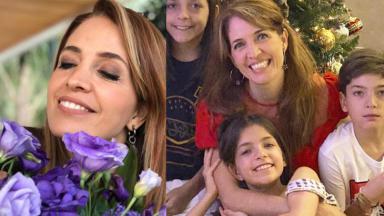 Poliana Abritta com flores e os filhos 