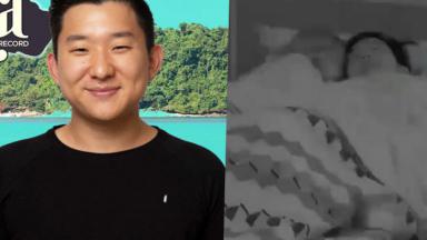 Pyong Lee no Ilha Record com Antonela no edredom 
