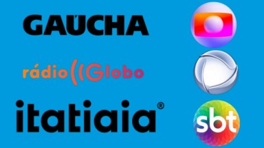 Montagem com os logotipos da rádios Gaúcha, Globo e Itatiaia. Do lado direito tem os logos da Globo, Record e SBT 