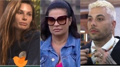 Dayane Mello, Solange Gomes e Gui Araújo em diferentes momentos em A Fazenda 2021 