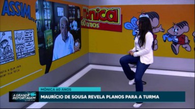 Repórter Giovanna Hueb conversando com Mauricio de Sousa na Record News 