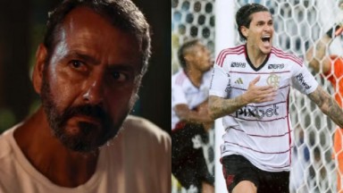 Marcos Palmeira como José Inocêncio na novela Renascer e Pedro comemorando gol do Flamengo em foto montagem 