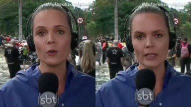 Montagem de duas fotos de Lu Kohlmann de cabelo preso, falando para a câmera com microfone do SBT 