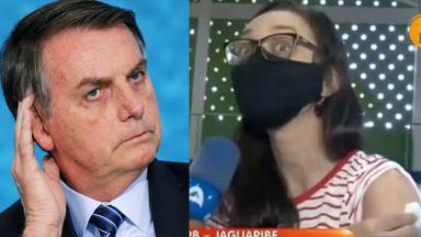 Jair Bolsonaro sério; mulher com máscara, sendo entrevistada 