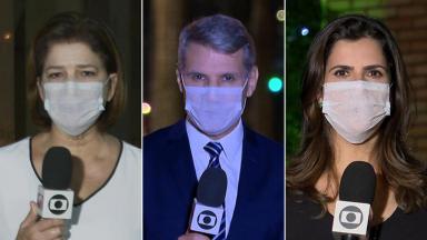 Delis Ortiz, Júlio Mosquéra e Camila Bomfim usam máscara no JN 