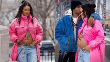 Rihanna está grávida do rapper A$AP Rocky. na foto ela aparece com um casaco rosa aberto, com a barriga de fora, e de calça jeans e colares 