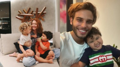 Montagem de Sarah Poncio sorridente com os filho no colo e Jonathan Couto abraçado ao filho Josué 