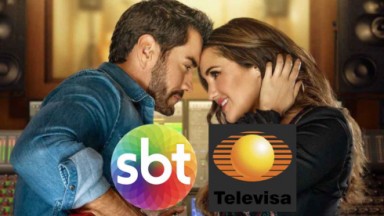 Cena da novela mexicana Penso em Ti com os logos do SBT e Televisa 